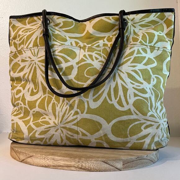 Large Yellow Retro Floral Beach Summer Brown Vegan Leather Trim Tote Bag - Picture 16 of 16